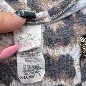 7th Ray Gray and Brown Leopard Print Long Sleeve Tee with Sequin Accent